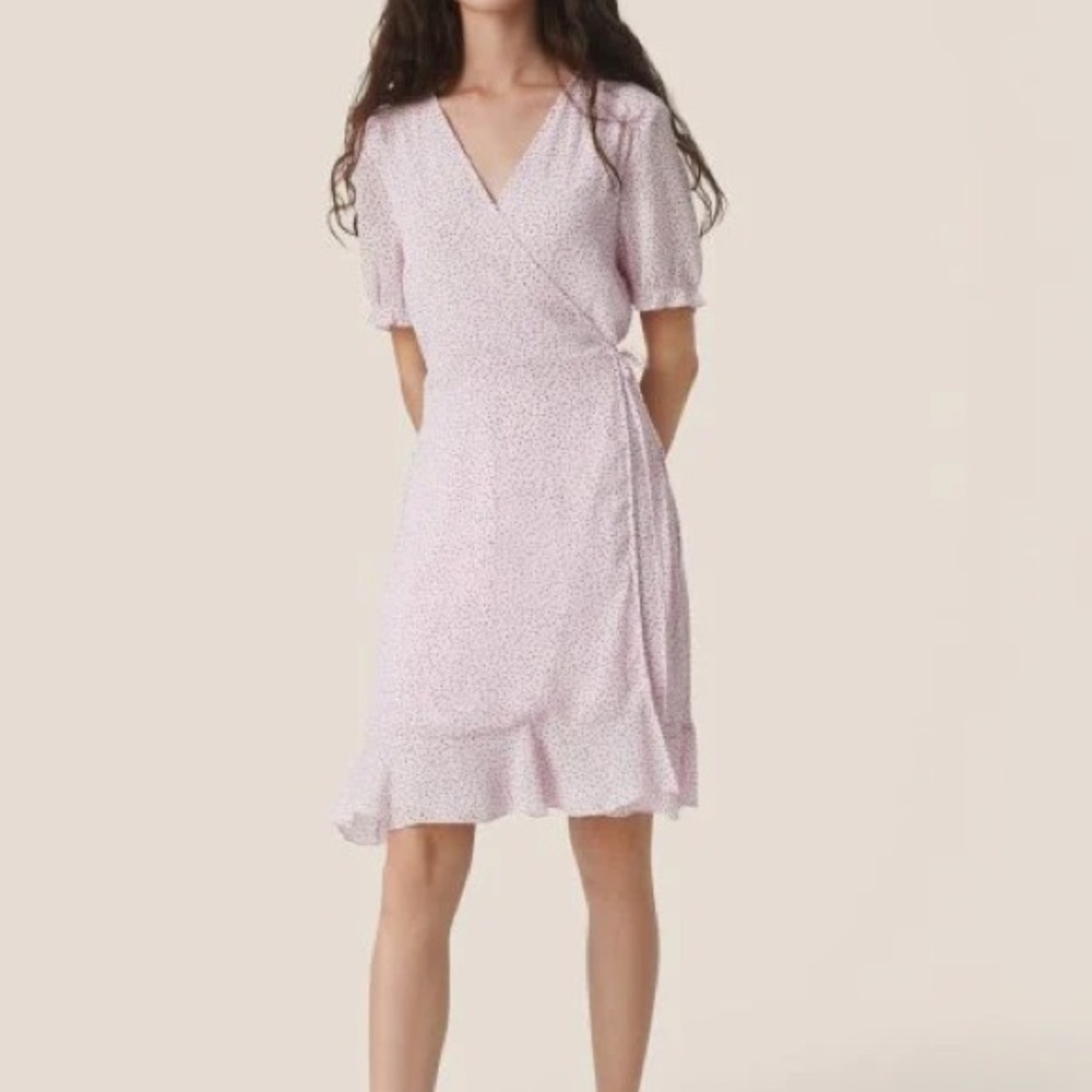 MSCH Copenhagen Samera Rikkelie Mini Wrap Dress Lilac Pink Polka Dot Size XS NEW